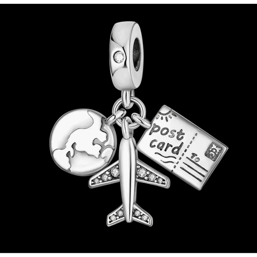 Airplane Travel Charm For Bracelet, Sterling Silver Charm, Globe Post Card Charm